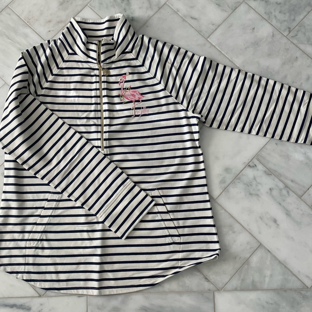 Lilly Pulitzer Navy and White Striped Pullover with Pink Flamingo
